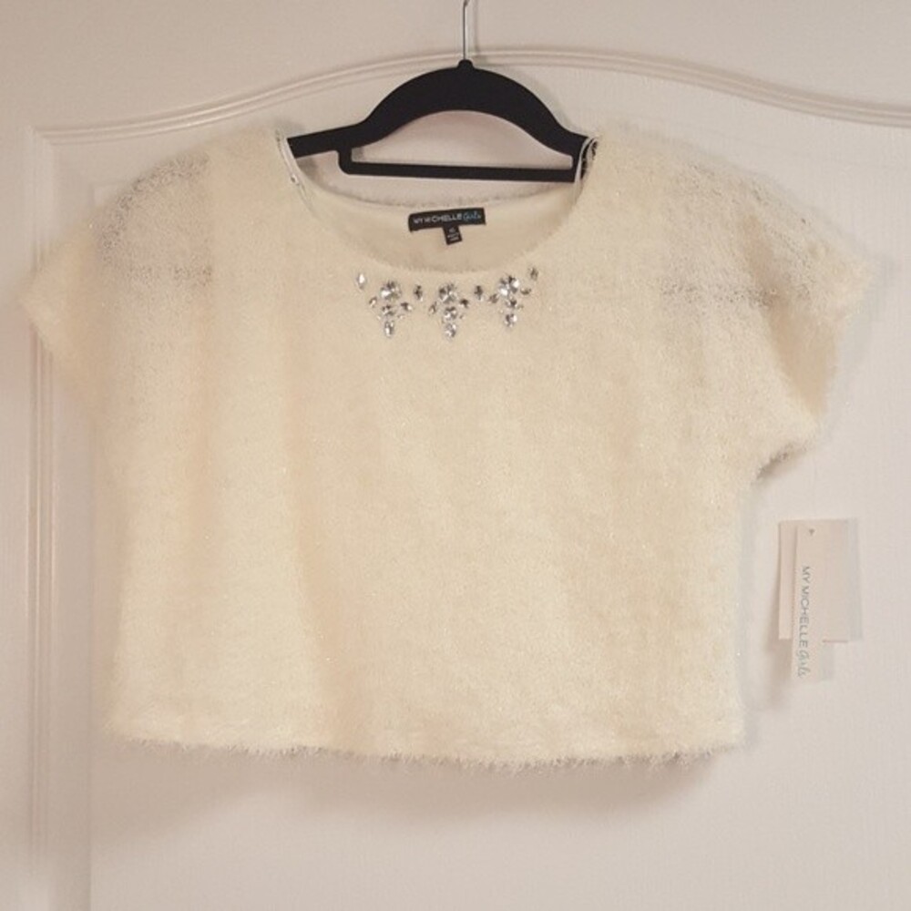 My Michelle Girls White Cream Sparkle Fuzzy Top NWT